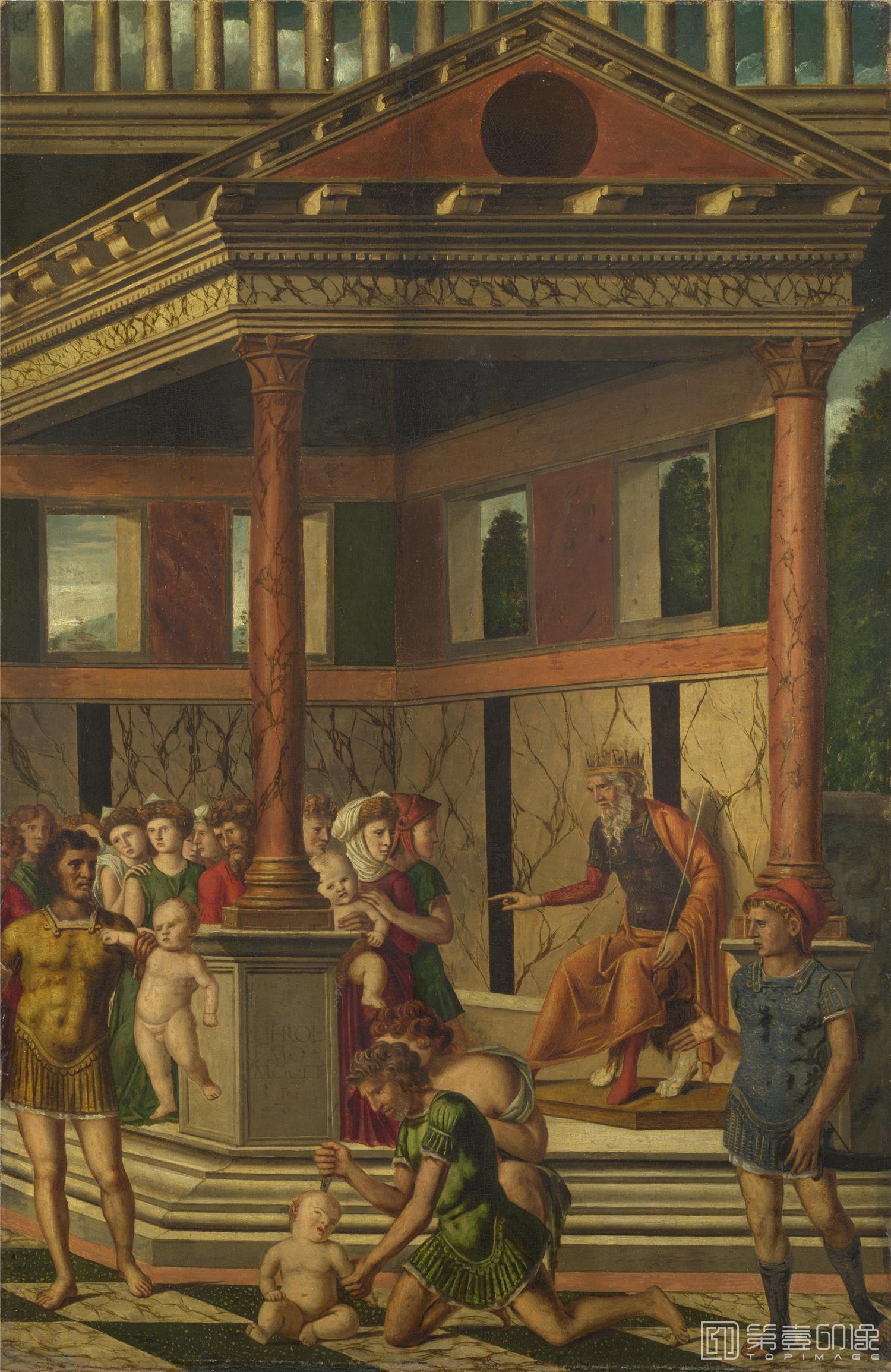 油画-大英博物馆藏画-Gerolamo Mocetto - The Massacre of the Innocents with Herod-0877